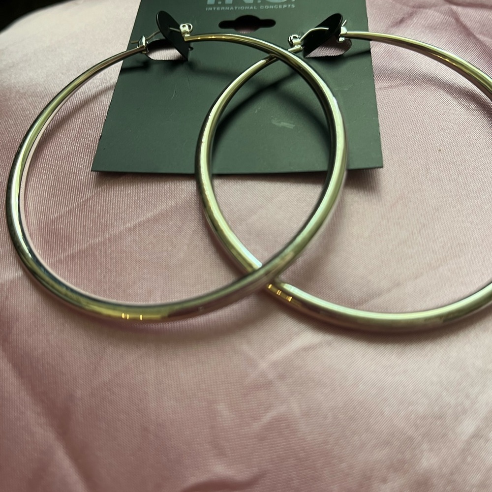 INC International Concepts Shiny Silver 2.5” Hoop Earrings - Picture 2 of 2
